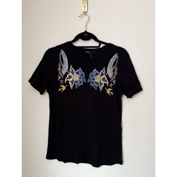 Maje Tops - Maje Women's Black Embroidered Beaded Short Sleeve Tee Size Large